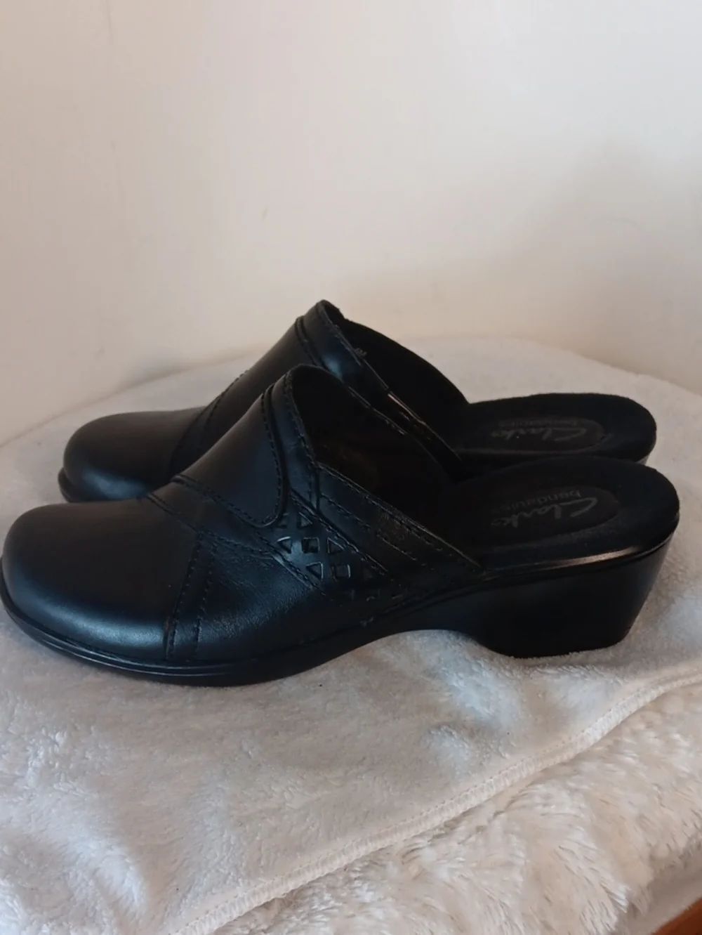 Clarks Black Leather Slip-On Mules with Low Heel